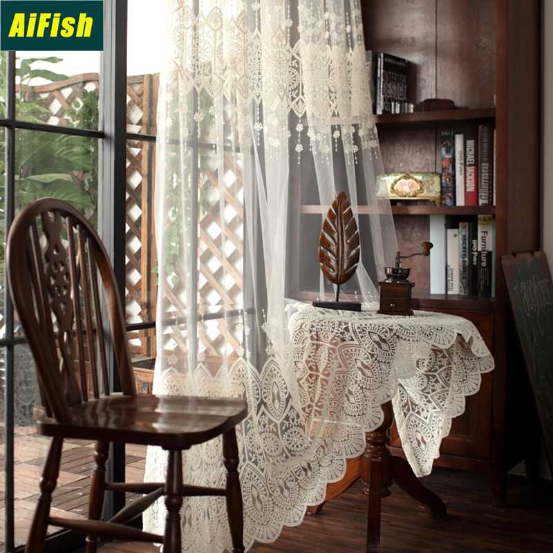 

Beige Lace Curtain Transparent Window Screen Panel Simple Kitchen Curtain Drape Balcony Embroidery WP022-3, Tulle