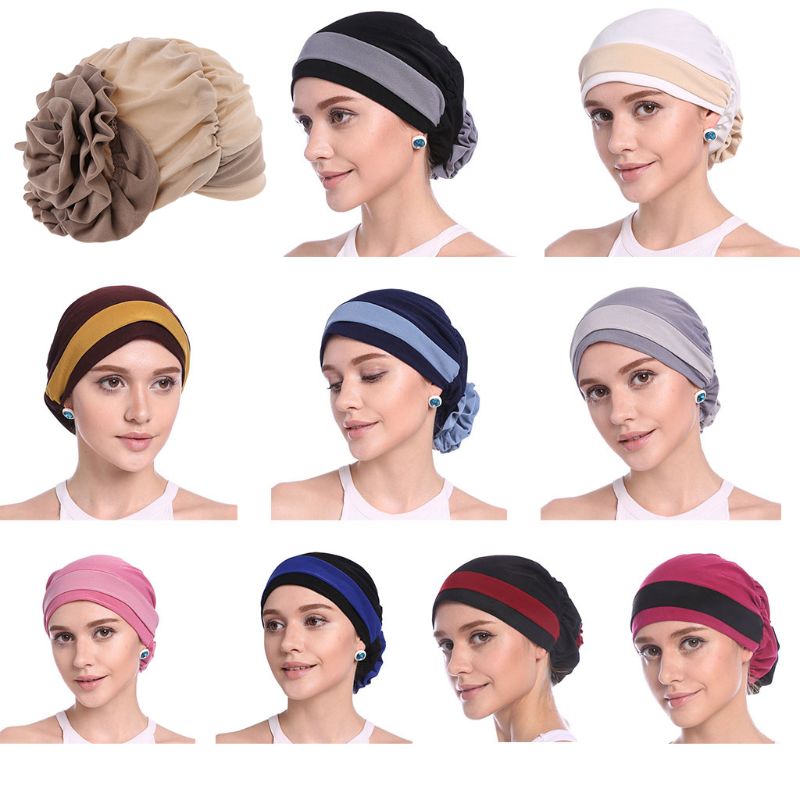 

Womens Elegant Stretchy Flower Block Color Muslim Turban Chemo Cancer Cap Beanie