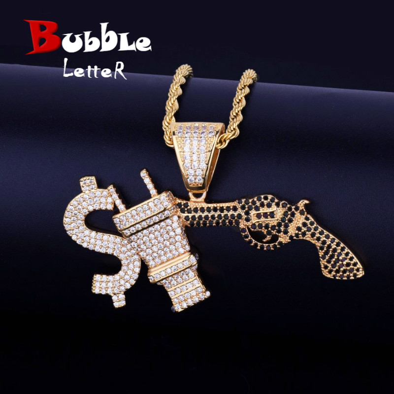 

Dollar Sign Plug With Gun Iced Necklace & Pendant Chain Charm Gold Color Cubic Zircon Men's Hip hop Jewelry For Gift