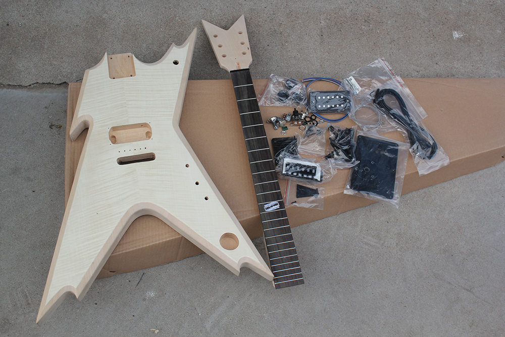 

Factory electric Unusual Shape semi-finished guitar kits With Fixed Bridge,DIY guitar,Flame Maple Veneer,Black Hardware,can be changed