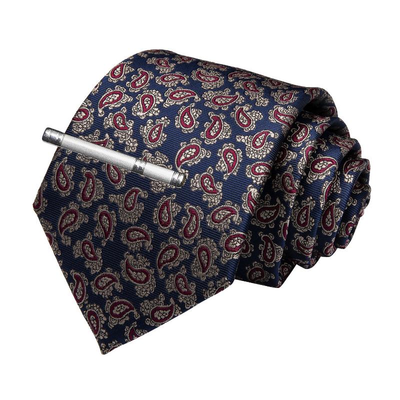 

Quality Men Tie Blue Red Paisley Silk Wedding Tie For Men Hanky Cufflinks Clip Gift Set For DiBanGu Designer SJT-7209