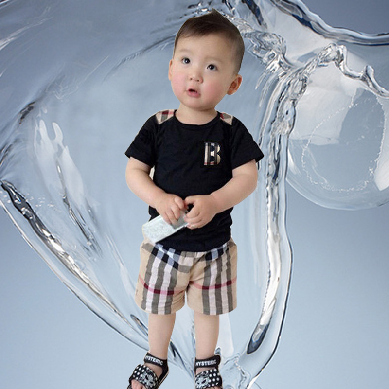 

Spring Baby Boy Clothes Set Girl Plaid Pocket Short Sleeved Shirt Plaid Shorts 1-7 Years Old Suit Kids Children's 2pcs Clothing Sets, Black