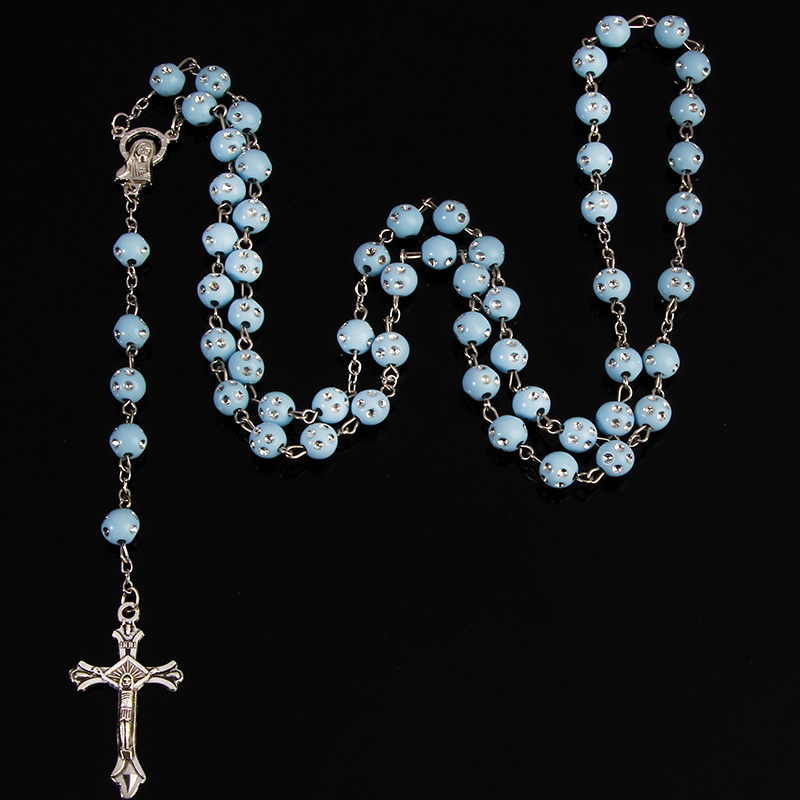 

8mm starry sky catholic rosary necklace, round imitation pearl necklace, the center core of the Virgin Mary and cross of