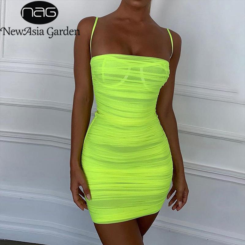 

NewAsia Mesh Summer Dress 2020 Women Straps Bodycon Ruched Dress Woman Party Night Club Dress Summer Clothes For Women, Black