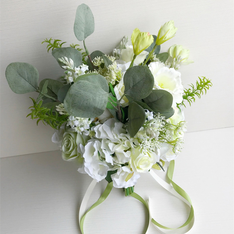 

12pcs/pack Green White Series Silk Cloth Imitation Flower Bride Bouquet Flower Wedding Bridesmaid Bouquet, 12pcs bride bouquet