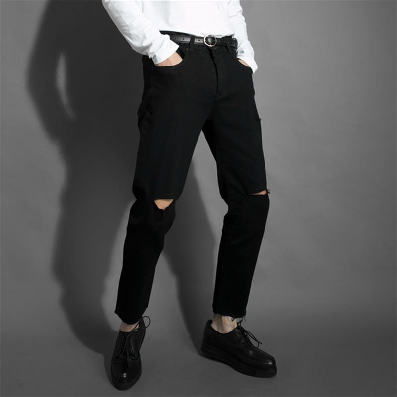 

Autumn Korean style slim-fit knee-hole beggar pants edge slim-fit jeans cropped jeans men, Black