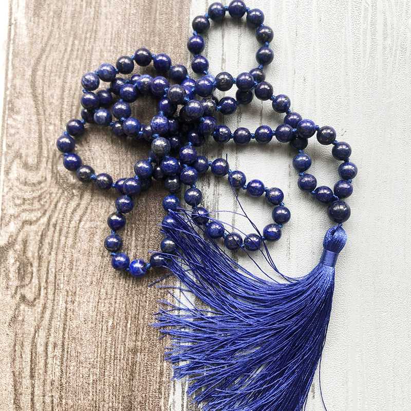 

Fancy Blue Tassel Mala Necklace For Holiday Gift Men 8MM Healing Meditation Lapis Knotted Necklace 8mm Lapis Beads Jewelry