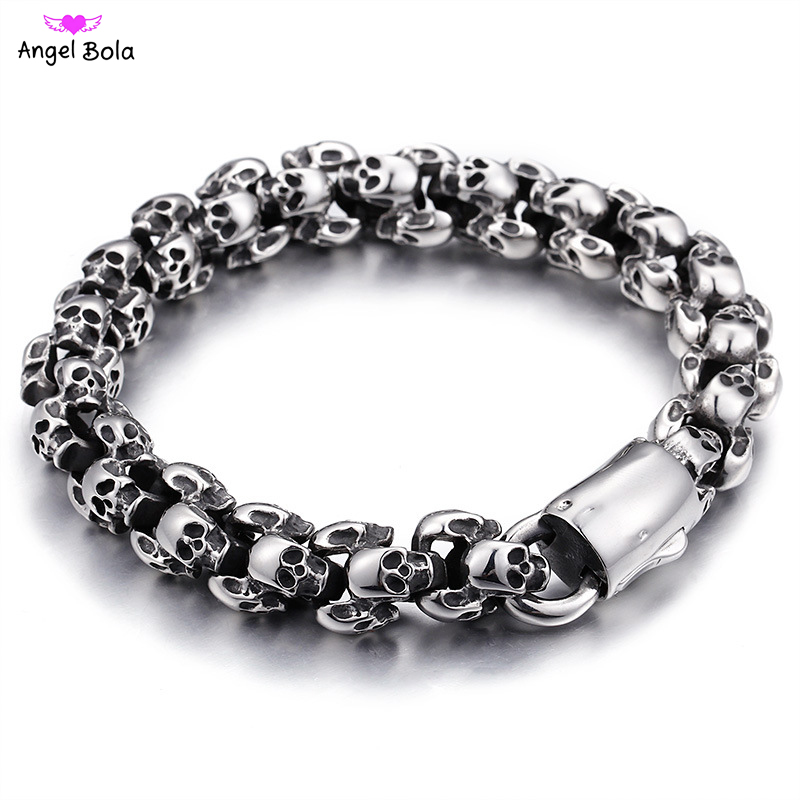 

Punk 22.5cm Long Skull Bracelets for Men Stainless Steel Shiny Skull Charm Link Chain Buddha Brecelets Male Gothic Jewelry 2020