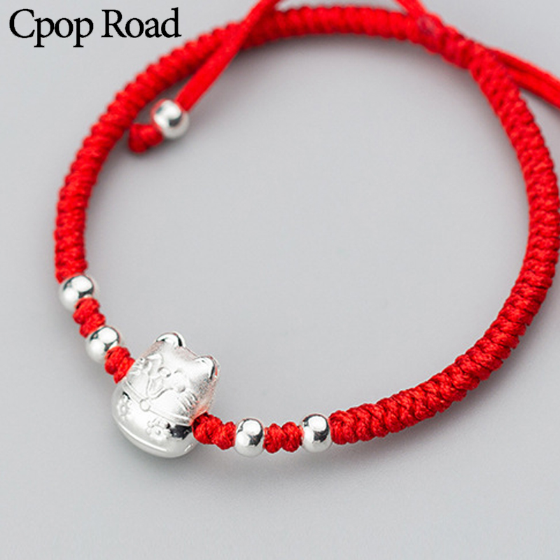 

Cpop Lucky Cat Red Bracelets for Women Silver Color Bead Charm Bracelets Bangles Knitted Handmade String Fashion Jewelry