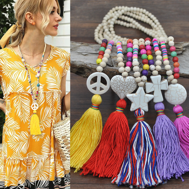 

National Style String Wooden Beads Geometric Five-Pointed Star Women Necklace Bohemian Colorful Long Tassels Lanyard Female New