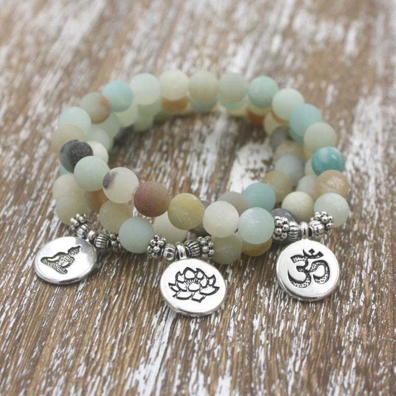 

Amazonite Beads 1pcs 8mm Matte Frosted With Lotus OM Buddha Charm Yoga Bracelet 789
