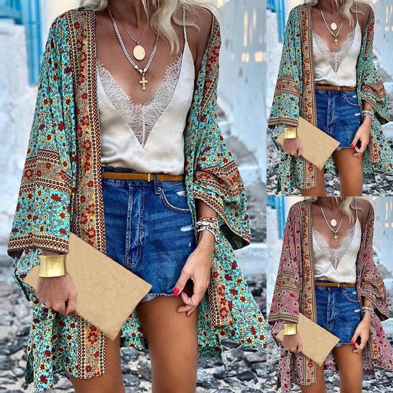 

Vintage print floral beach cover ups summer swimwear bikini outerwear flare sleeve oversize bohemian long cardigans beach cover, Pink