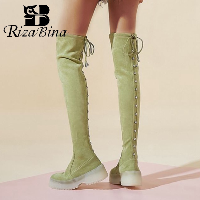 

RIZABINA Women High Quality Winter Over Knee Boots Thick Sole Platform Rivet Comfortable Stretch Boots Footwear Botas Size 34-39, Black