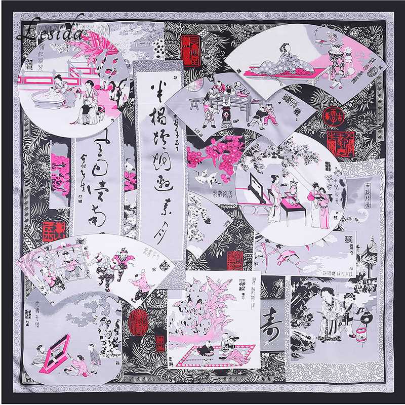 

2020 Ethnic Chinese Silk Square Women Print Scarf Luxury Designer Brand Shawl Foulard Bandana Joker Red Big Scarf