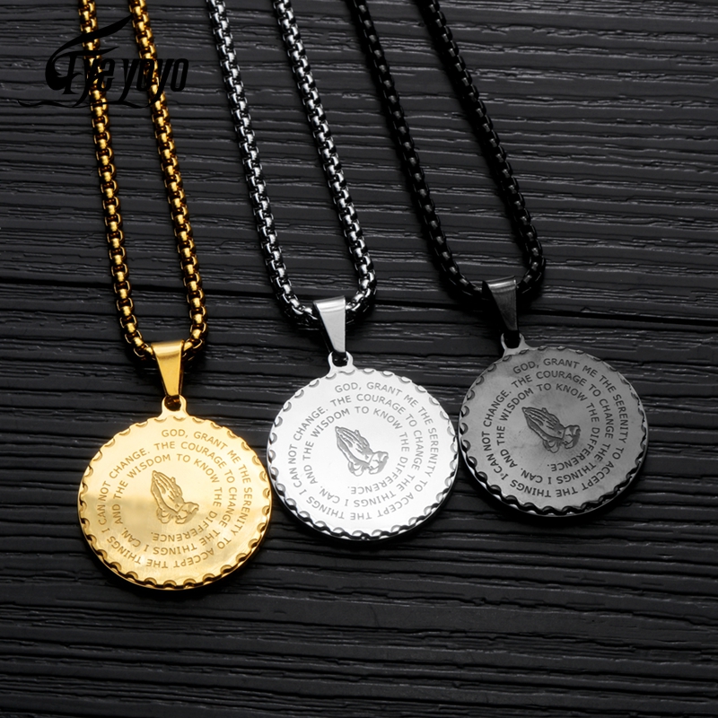 

Pendant Necklaces EyeYoYo Men's Bible Verse Prayer Box Necklace Christian Jewelry Stainless Steel Praying Hands Coin Medal