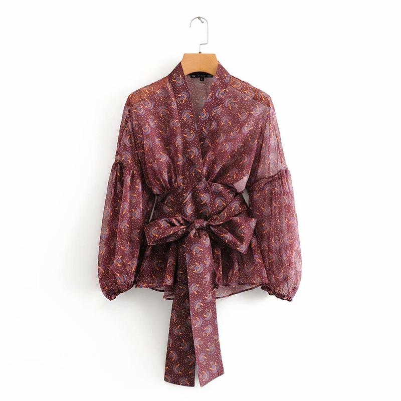 

2020 Spring Women's New Double-Lapel V-Neck Long Sleeve Stretch Cuff Shirt with Bow Print Shirt, Red