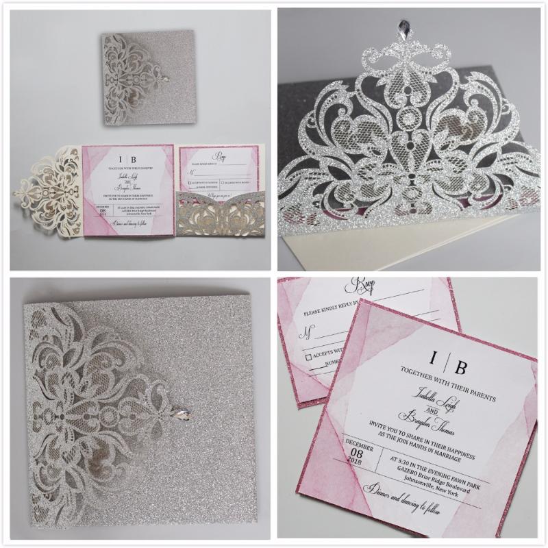 

Silver Laser Cut Wedding Invitation Set Elegant Wedding Invite Personalized Invitation Cards with Pink Liner - Set of 50 pcs