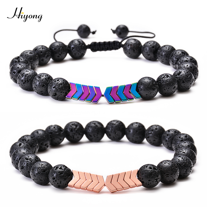 

HIYONG Volcanic Lava Stone Bracelet for Women Men Beaded Arrow Bracelet Natural Stone Bracelets Yoga Healing Elastic Jewelry