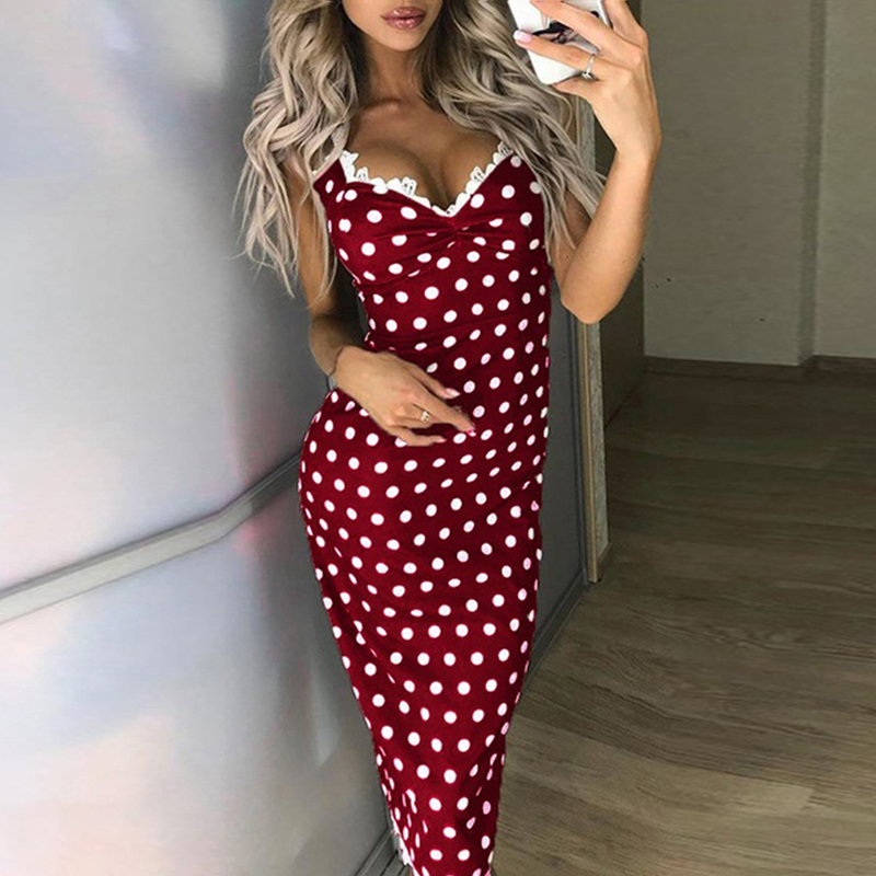 

Women Summer Sleeveless Casual Bodycon Sundress Polka Dot Long Maxi Dress, Khaki