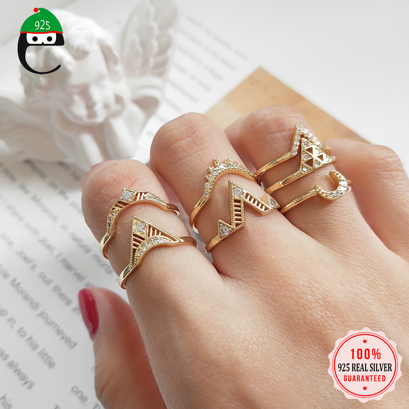 

ElfoPlataSi MInimalist Genuine 925 Sterling Silver Gold NIS Shiny CZ Opening Ring For Fashion Women Hophip Ring Jewelry DA1195