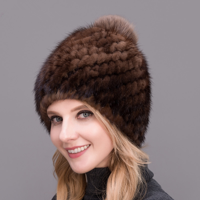 

2020 Hot Style Fashion Winter Warm Women's Knitting Caps Real Mink hats 4 Colors Available Pineaple Shape Hat With Pompom, 001