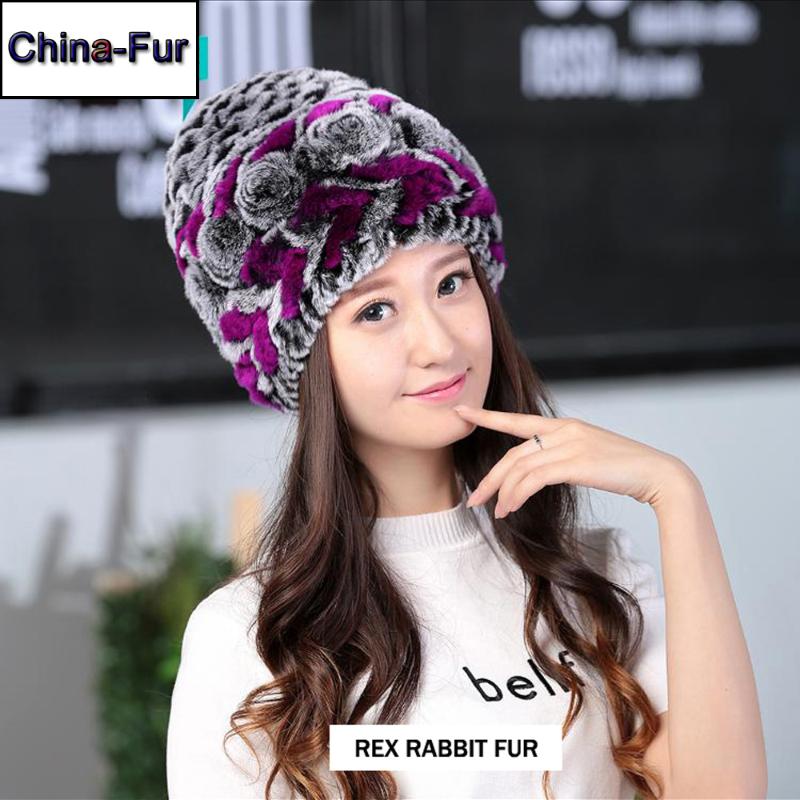 

Women Genuine Rex Fur Hat Winter Flower Real Rex Fur Beanies Caps Knitted Real Cap Wholesale Retail, Coffee black