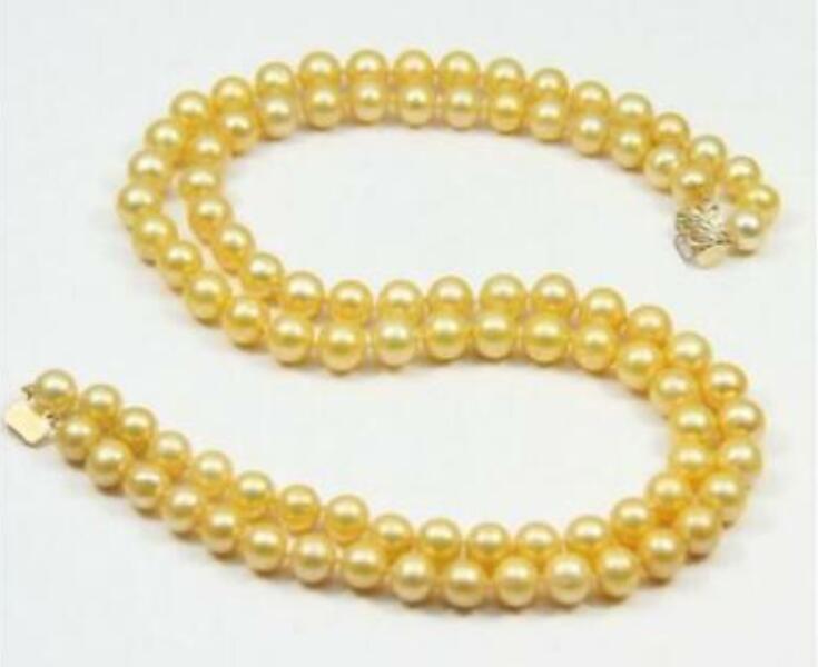 

hot Double strands 9-10mm natural gold pearl necklace 18-19" Yellow clasp