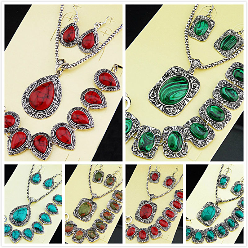 

Vintage Hot Sale Antique Silver natural stone Malachite Earrings Bracelet Necklace Women Jewelry Set for Female Mother Drop earring pendant, 1002