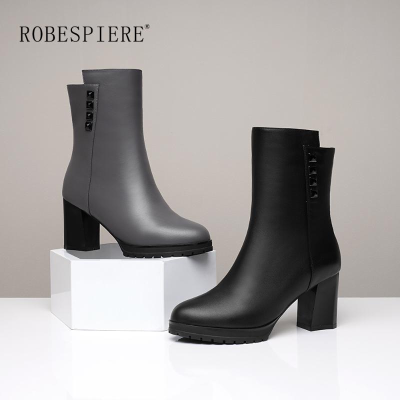 

ROBESPIERE 2020 New Genuine Leather Mid-Calf Boots Woman Fashion Crystal Buckle Shoes Winter Warm Plush Platform Women Boots B21, Black