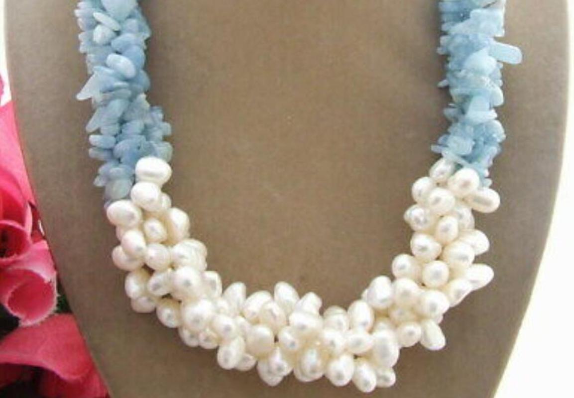 

Beautiful 4Strds 6-7mm White Pearl Natural blue bead Necklace 18