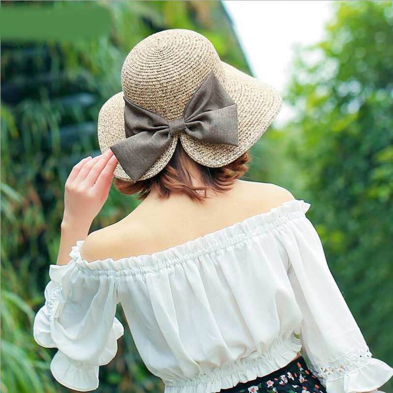 

Women's Sun Hat Big Bow Wide Brim Floppy Summer Hats For Women Beach Panama Straw hat Sun Protection Visor Femme Cap, Beige