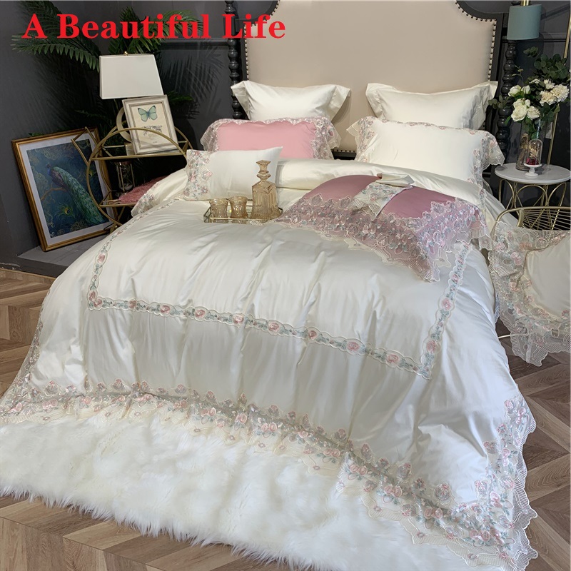 

Luxury White Pink 1000TC Egyptian Cotton Lace Flower Duvet Cover Bed Linen Fitted Sheet Pillowcases Princess Bedding Set 4/7pcs