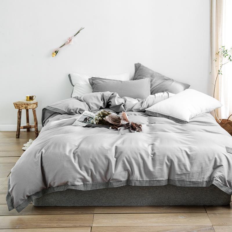 

100%Cotton Bedding Set Ultra Soft Easy Care Simple style White Grey Duvet cover Bed sheet Pillowcase  Queen King, Color 6