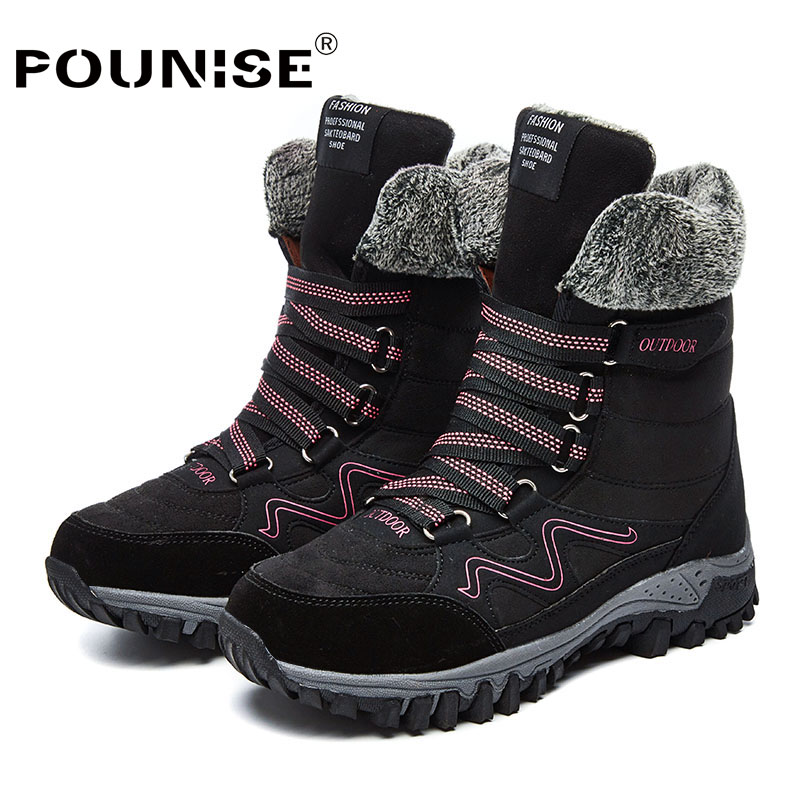 

women boots winter 2020 fashion Leather snow boots outdoor Round Toe waterproof high top Platform woman plus size 35-42, Black