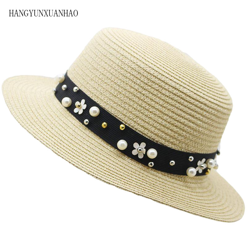 

Hot Sale+Flat Top Straw hat Summer Spring Women's Trip Caps leisure Pearl Beach Sun hats Parent-child Breathable Fashion Hats, Black