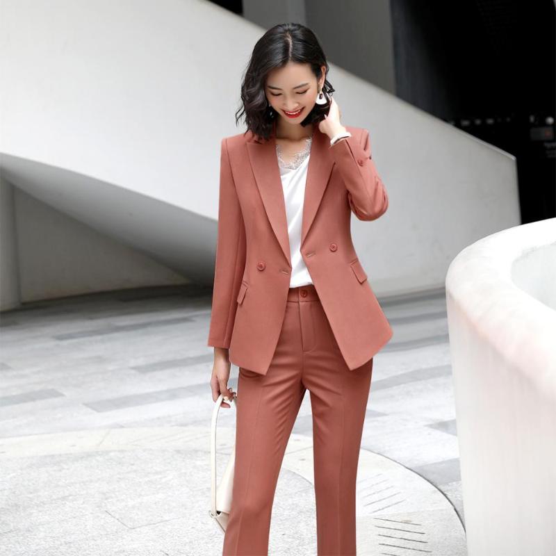 

2020 fall autumn winter new arrival pant suit women Black dark blue Red work 2 piece set single breasted loose blazer and pant, Dark blue suit