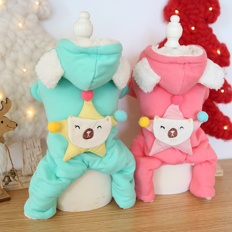 

Christmas Dog Clothes Pet Jumpsuits Autumn and Winter Pink Green Colored Five-Star Decor Four-legged Pet Cotton Padded Jumpsuit