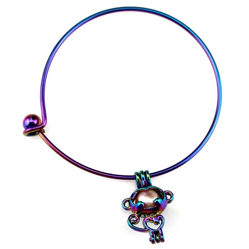 

B-C70 Rainbow Monkey Beads Cage Locket Wrist Girl Women Expandable Wire Steel Bracelet Bangle
