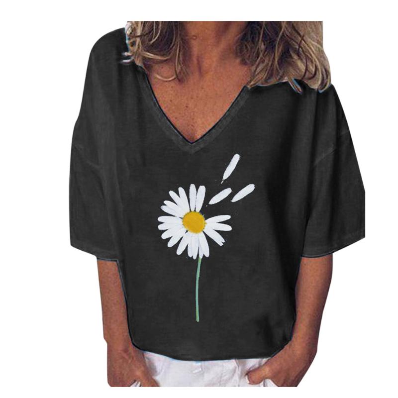 

Blusas Mujer De Moda 2020 Vintage Daisy Printed Shorts Sleeve Blouse Shirts Casual Loose V Neck Shirts Ladies Daily Holiday Tops, Black