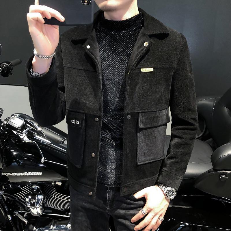 

Fashion Long-sleeved Gentleman Splicing Pockets Woolen Jacket 2020 Korean Casual Mens Wool Trench Coat Jacket Coat Men Winter, Black