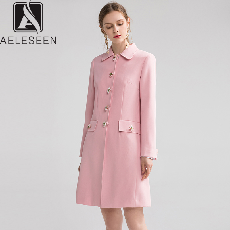 

AELESEEN 2020 Spring New Long Coat Women Runway Floral Series Luxury 3D Lily Decoration Covered Buttons Sweet Pink Wndbreaker