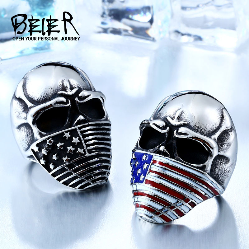 

BEIER American Flag Stainless Steel Skull Ring For Man Personality Biker Jewelry Wholesale Factory Price BR8-283