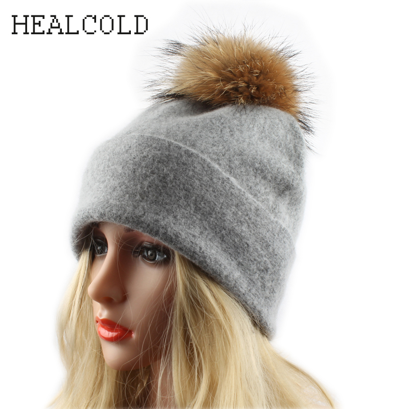

HEALCOLD 100% Wool Hat For Women Winter Beanies Skullies Pompon Cap Real Fur Pompom Beanie Hats 2020, Black