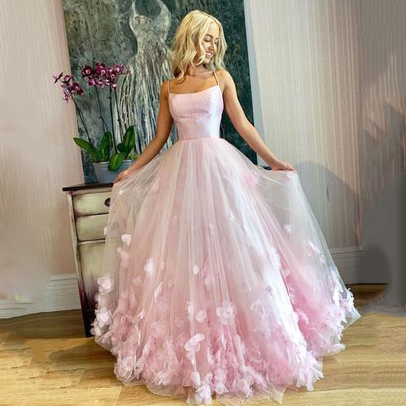

Elegant Pink Sweet 16 Prom Dress Tulle Spaghetti Straps 3D Flowers Lace Tulle Ball Gown Evening Dress Women Formal Party Gowns, Ivory