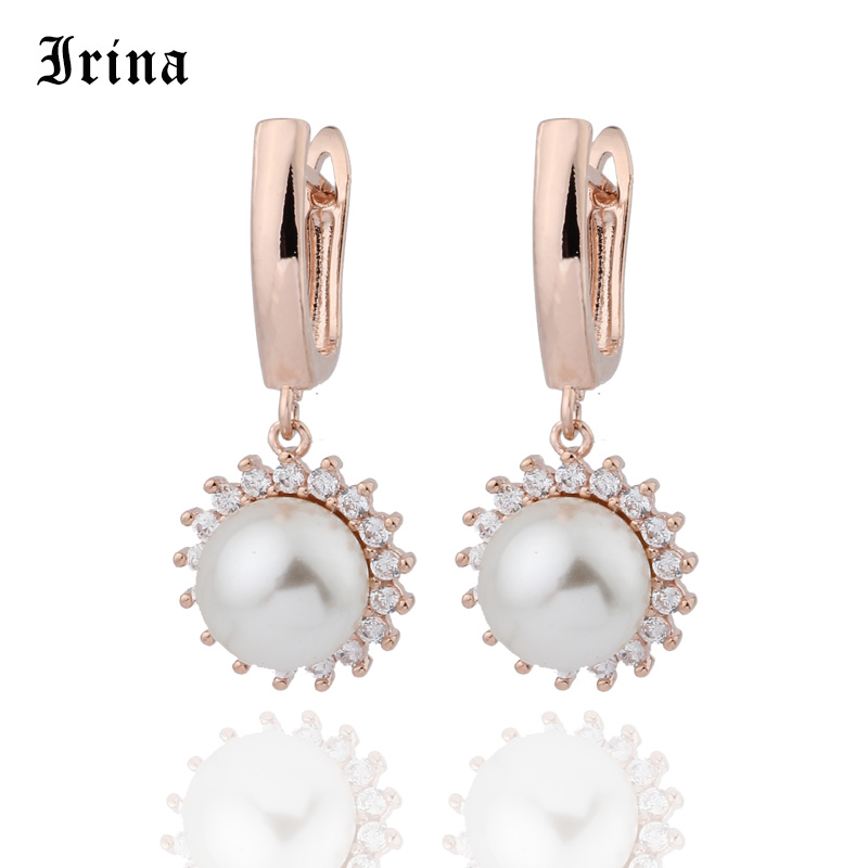 

Irina New Micro-wax Inlay Natural Zircon Rose Gold Shell Pearls Dangle Earrings Women Wedding Party Jewelry