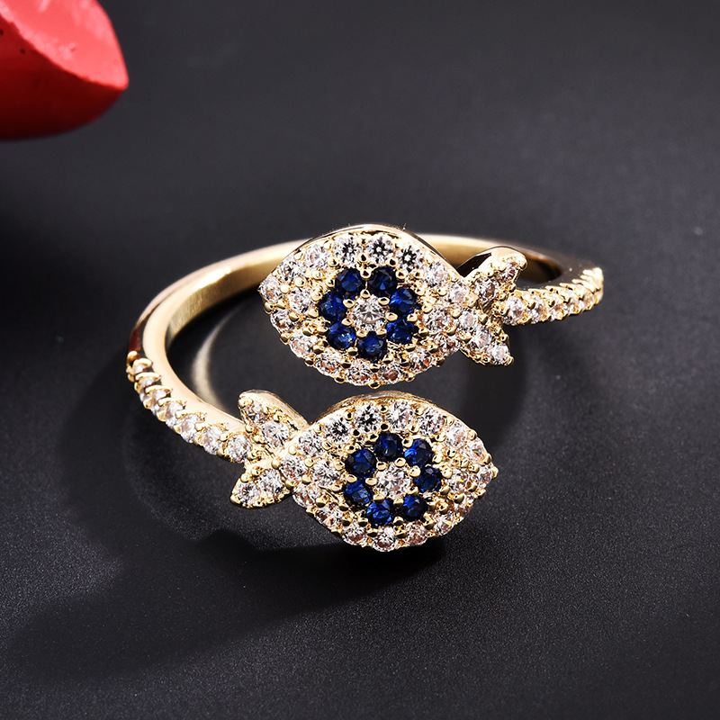 

Fashion Cute Fish Rings Luxury CZ Open Finger Rings Agjustable Wedding Party for Women Gold Copper Lucky Animals Jewelry
