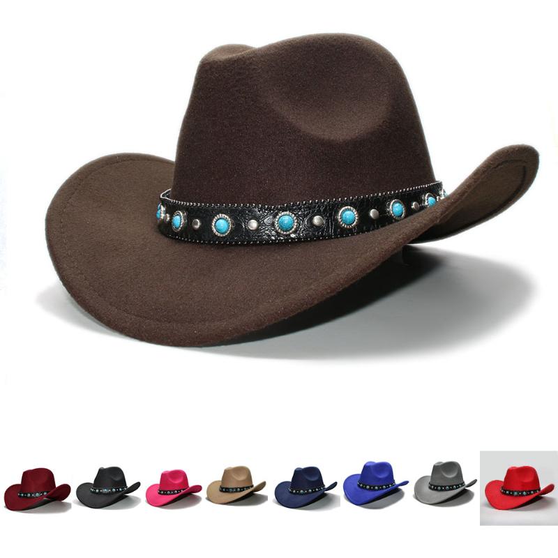 

Kid Child Retro 100% Wool Wide Brim Cowboy Western Cowgirl Bowler Hat Fedora Cap Turquoise Bead Vintage Leather Band 54cm/Adjust, Black