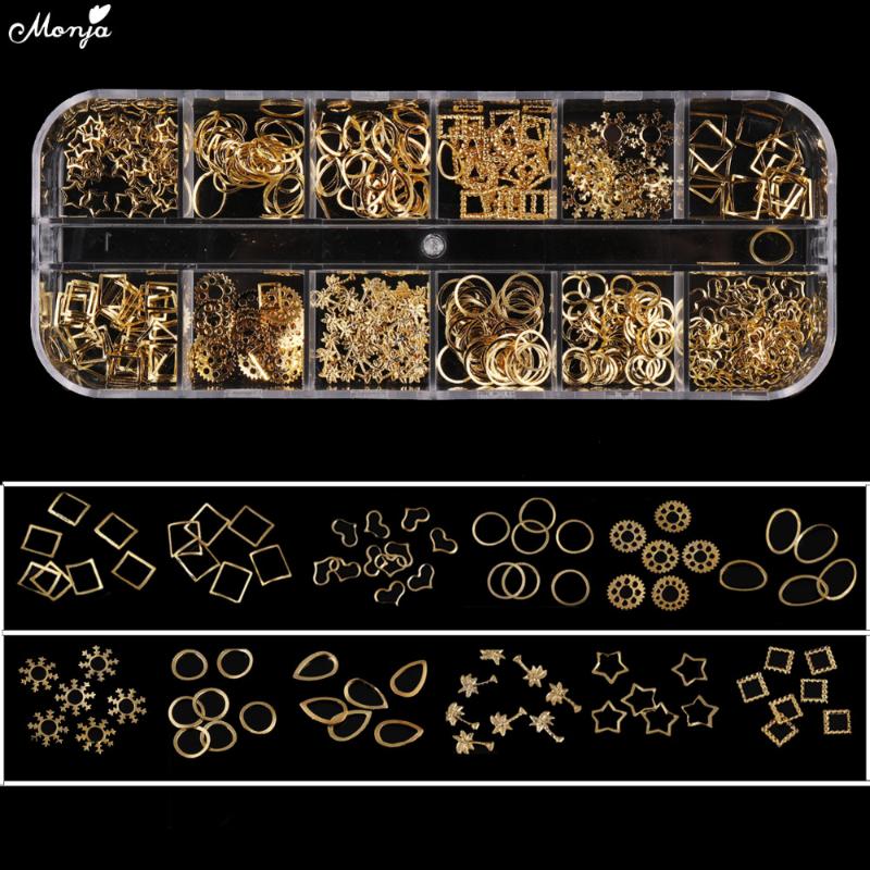 

Monja 12 Grid Nail Art Gold Silver Star Heart Snowflake Drop Mixed Shape Hollow Metal Rivet Studs Charm Decoration Accessories