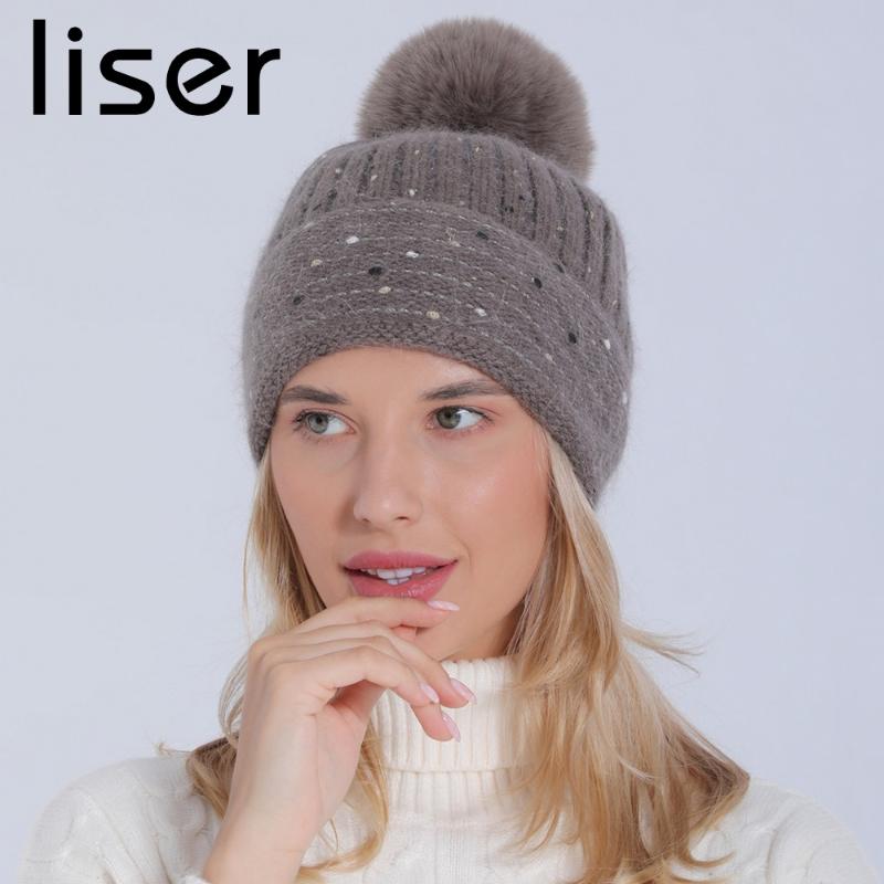 

LISER Women Beanie Hats Winter Hedging Cap for Female Acrylic with Fur Ball Particles Embellishment Warm Fashion, Black