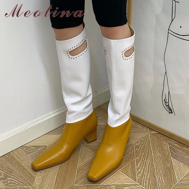 

Meotina Knee High Boots Women Shoes Rivet Real Leather High Heel Long Boots Square Toe Strange Style Heels Fashion Lady 40, Black synthetic lin